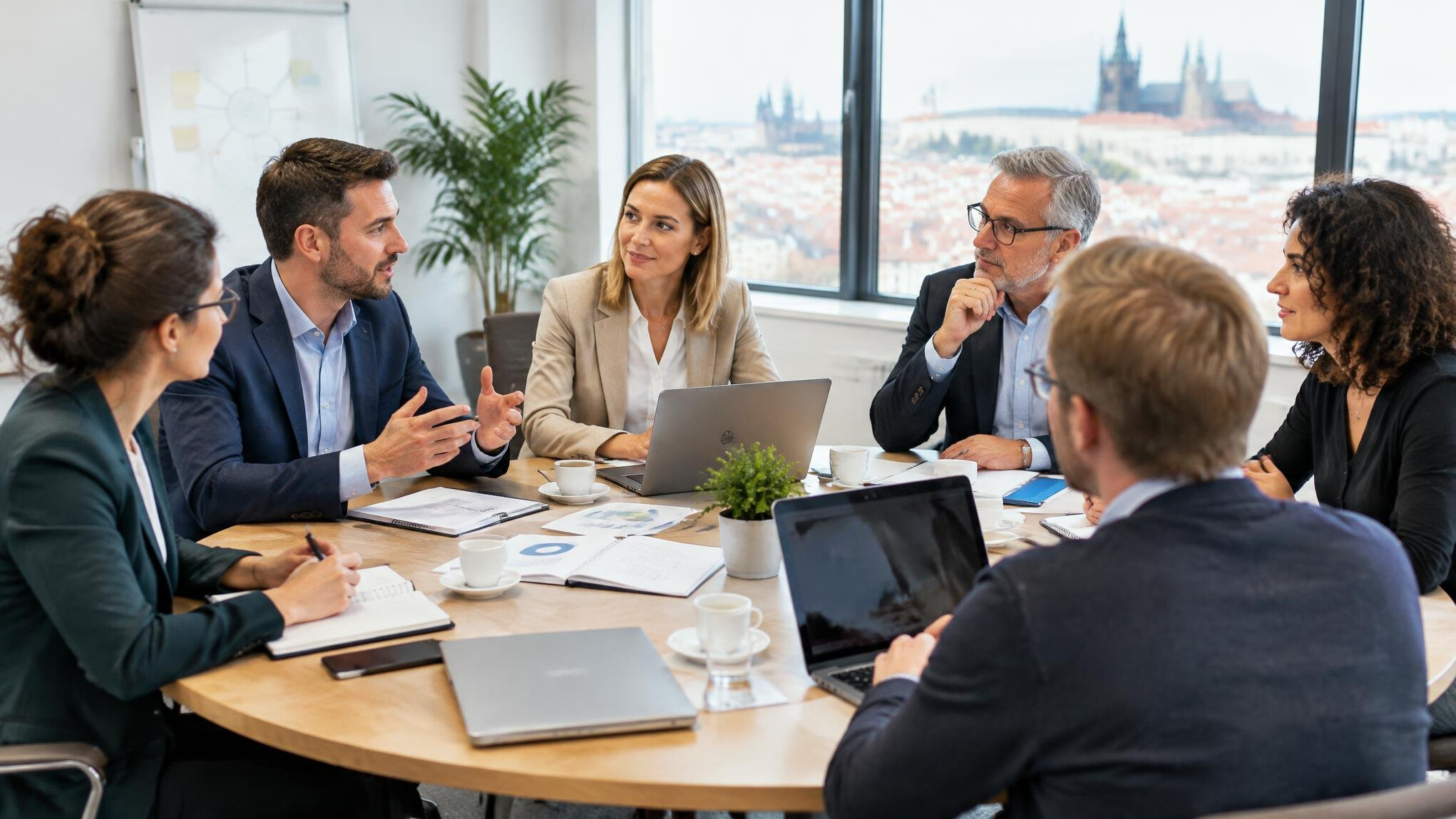 Professionals seated around a round table in discussion