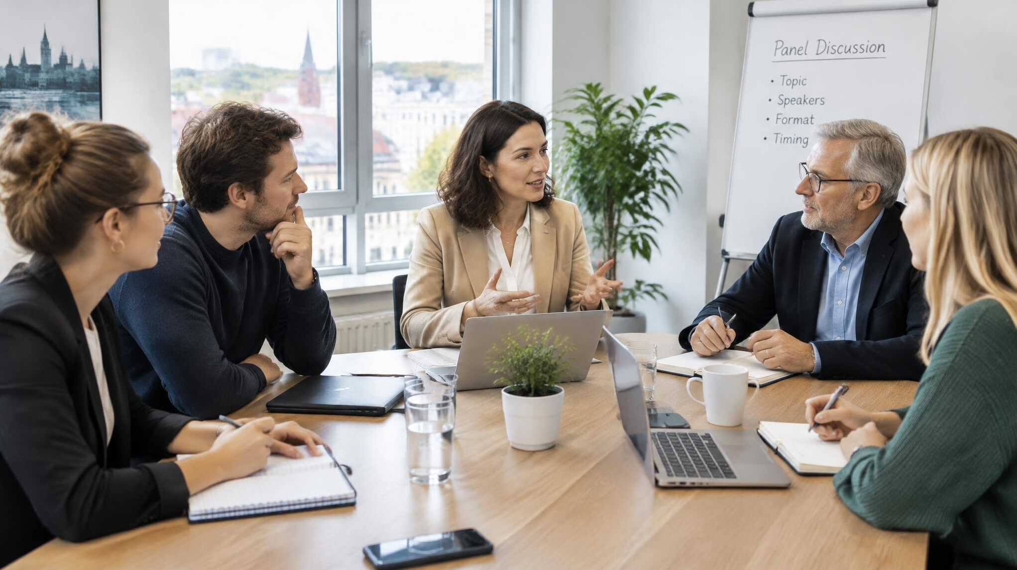 Team discussing an agenda in a meeting room