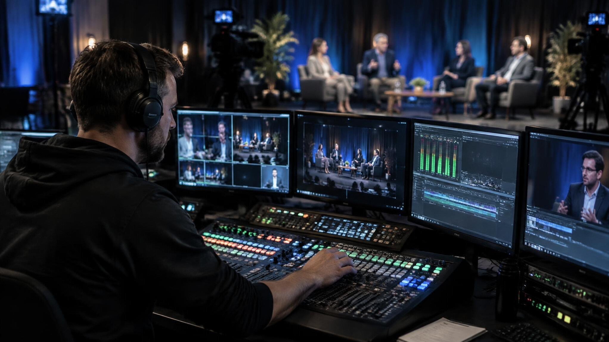 Technician operating audio and video recording equipment